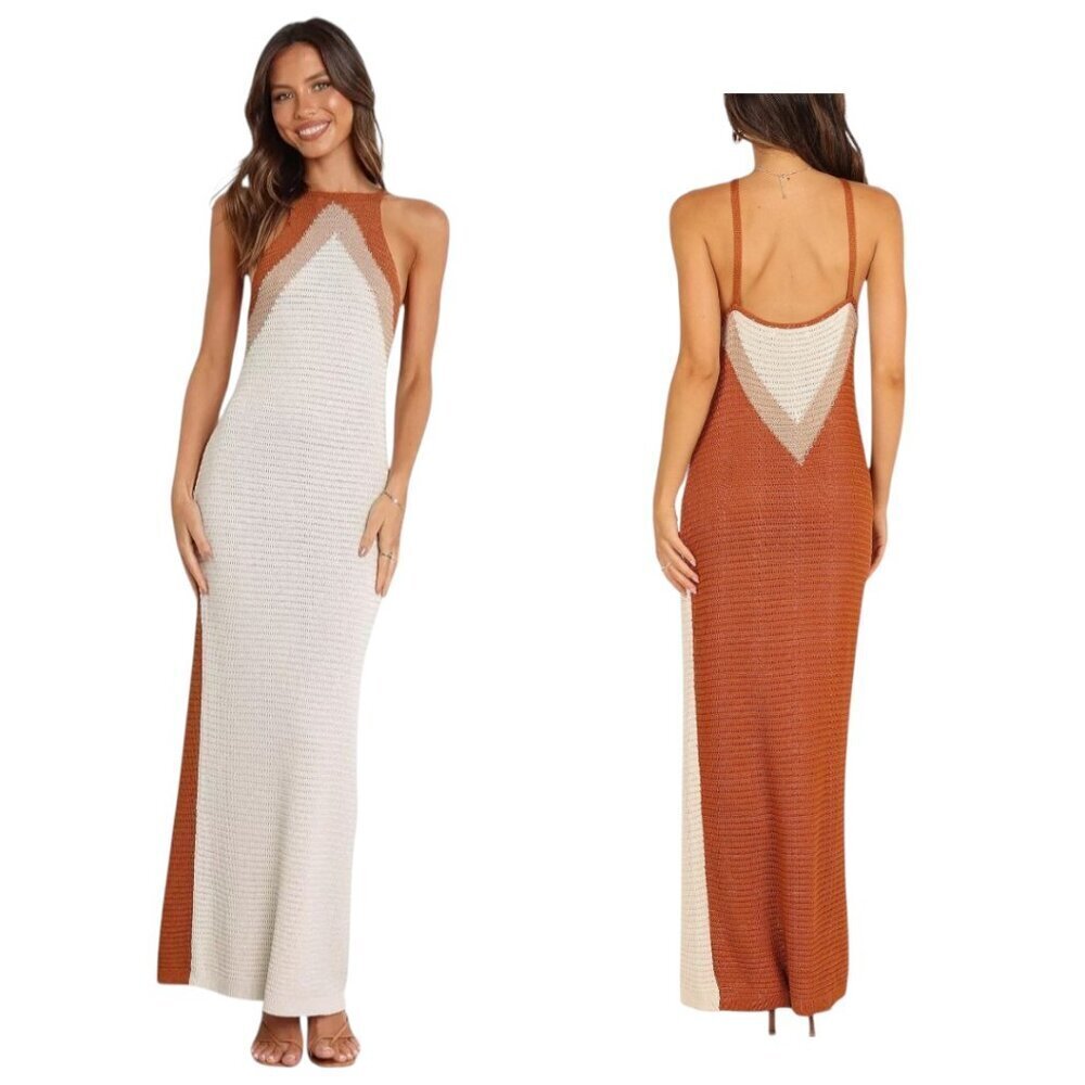 Petal and Pup Crochet Knit Halter Maxi Dress Tan Cream Rust